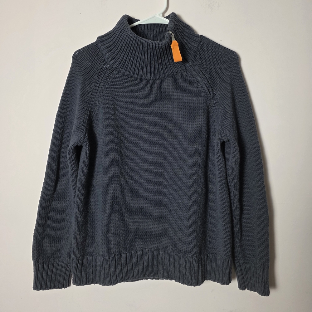 Lisa Todd Slate Blue Ribbed Funnel Neck Sweater Large Chunky Knit Mock Neck - Picture 2 of 6
